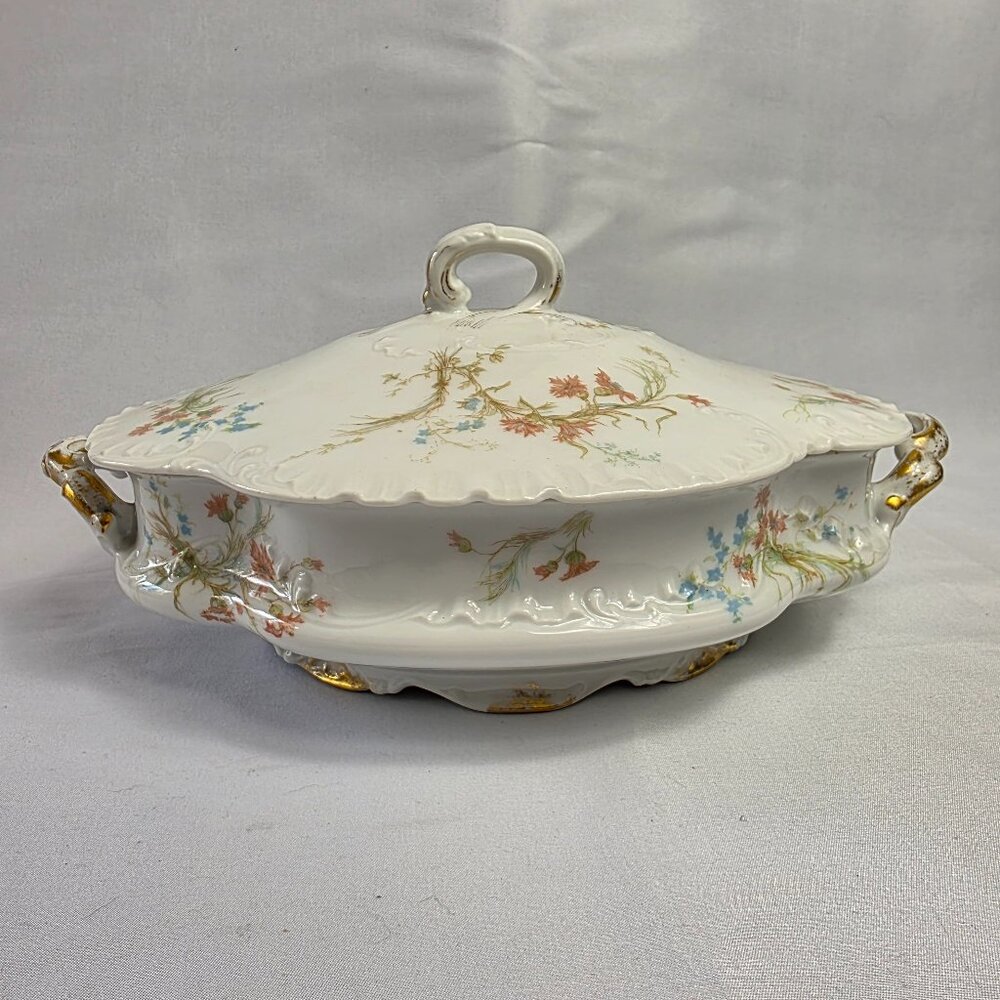 Haviland Limoges St. Lazare Oval Covered Vegetable Dish Pink & Blue Floral